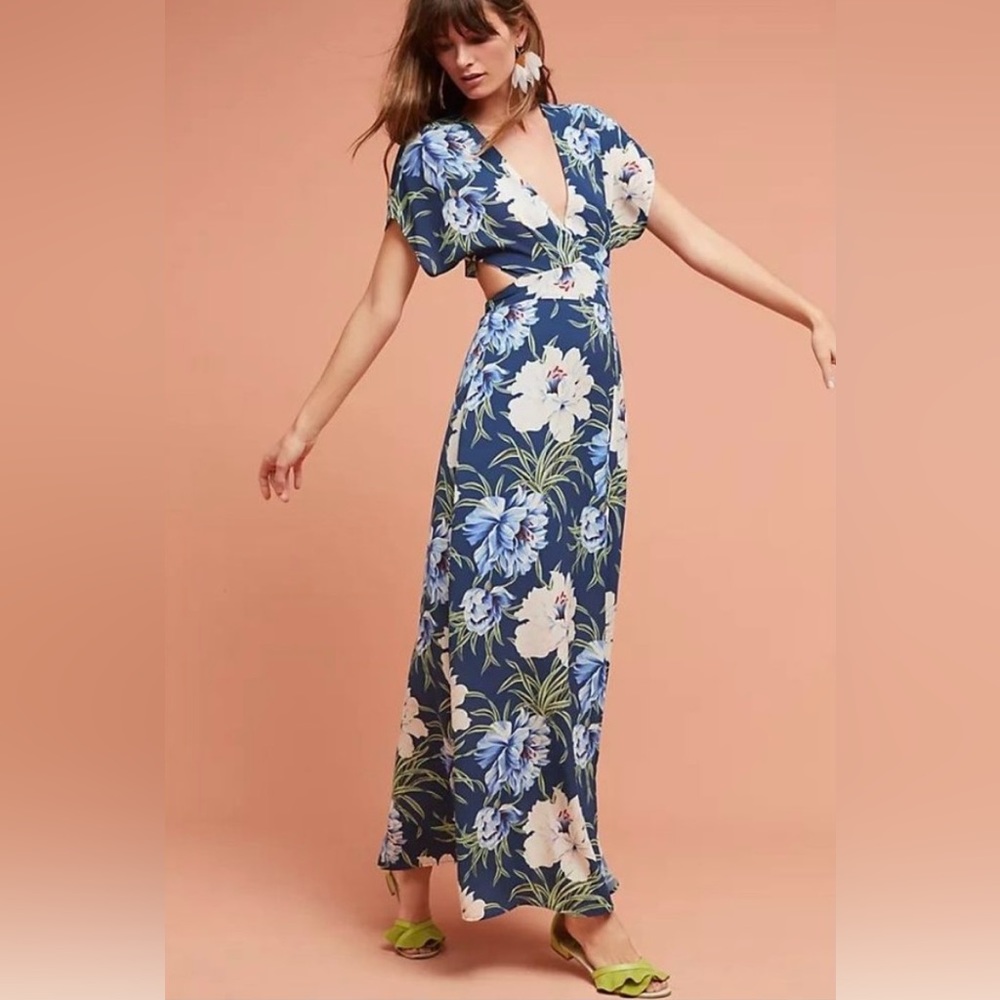 Anthropologie dRA Santorini Wrap Maxi Dress in Blue Motif size XS